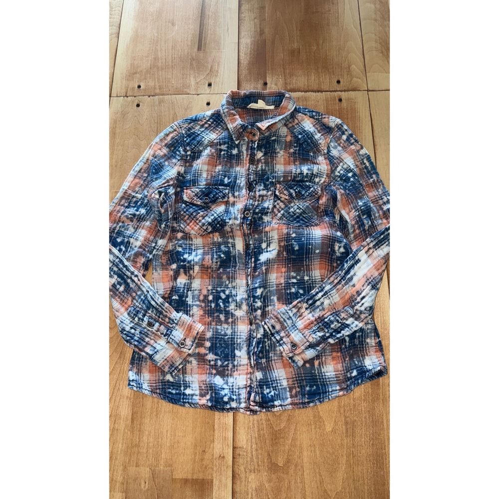 Lovestitch Womens Small Blue‎ Orange Bleached Acid Wash Plaid Button Up Shirt